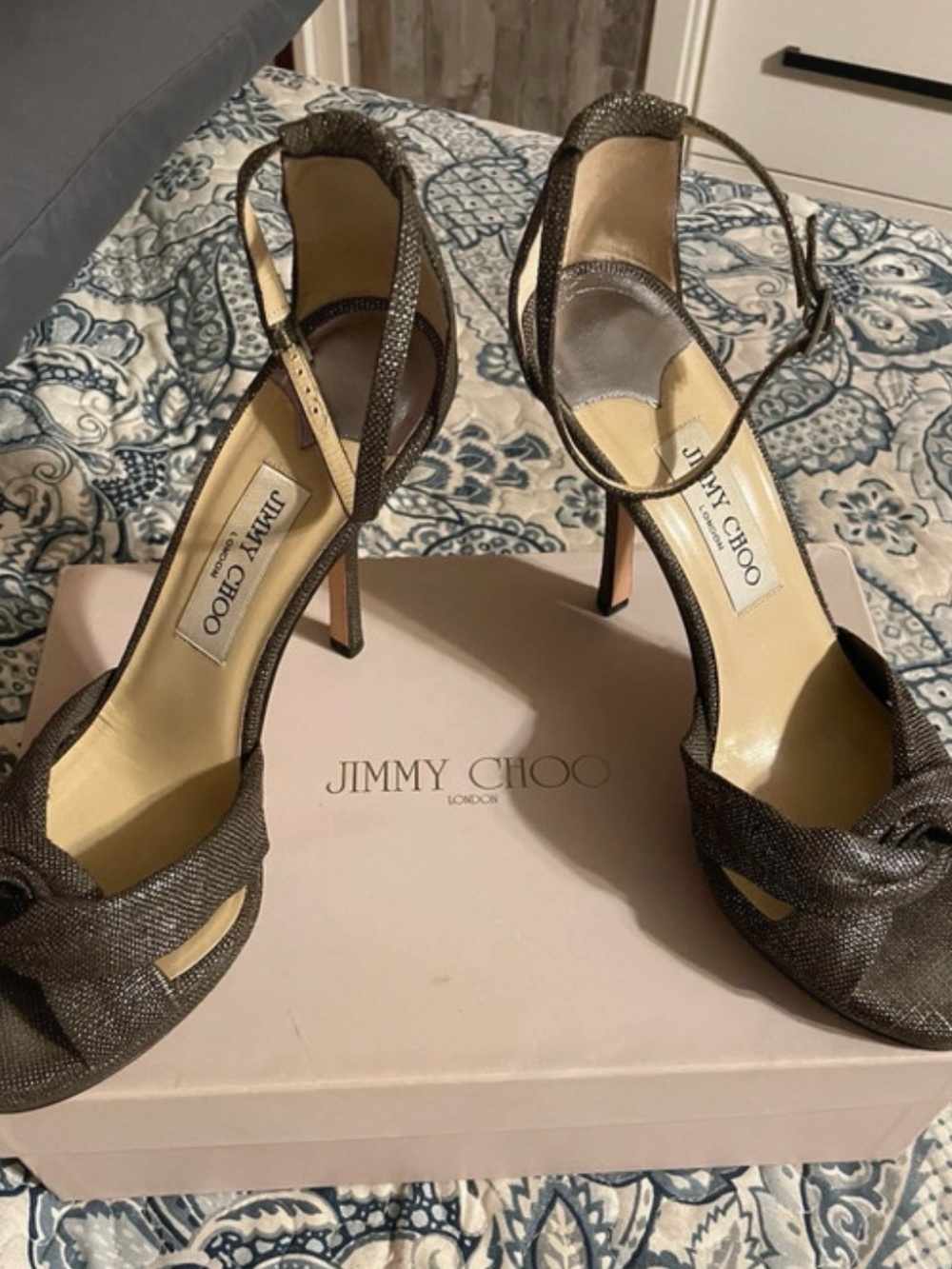 Jimmy Choo Macy Silver Canvas Heels